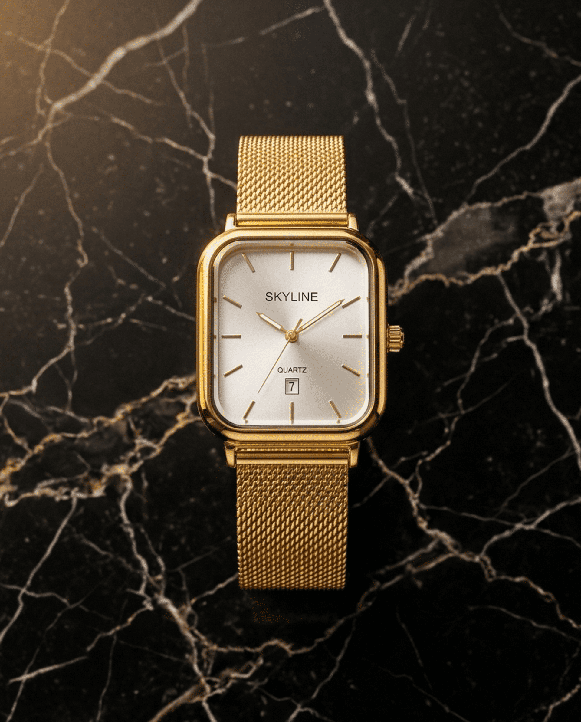 Reloj Skyline Cuadrado Oro con Malla Milanesa - Champang - 4