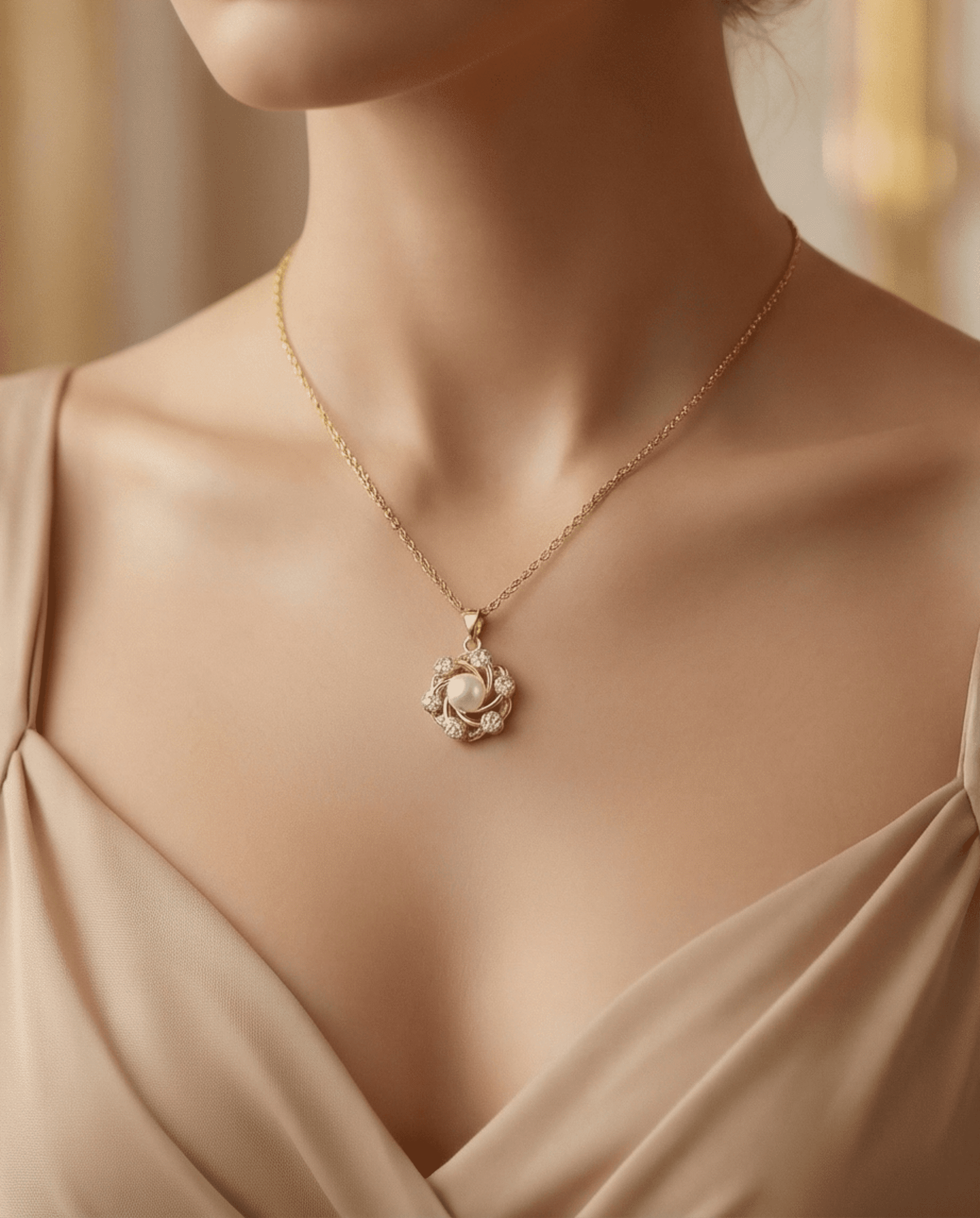 Collar de Perla y Circonitas en Acero Chapado en Oro 18K - Diseño Floral - 5