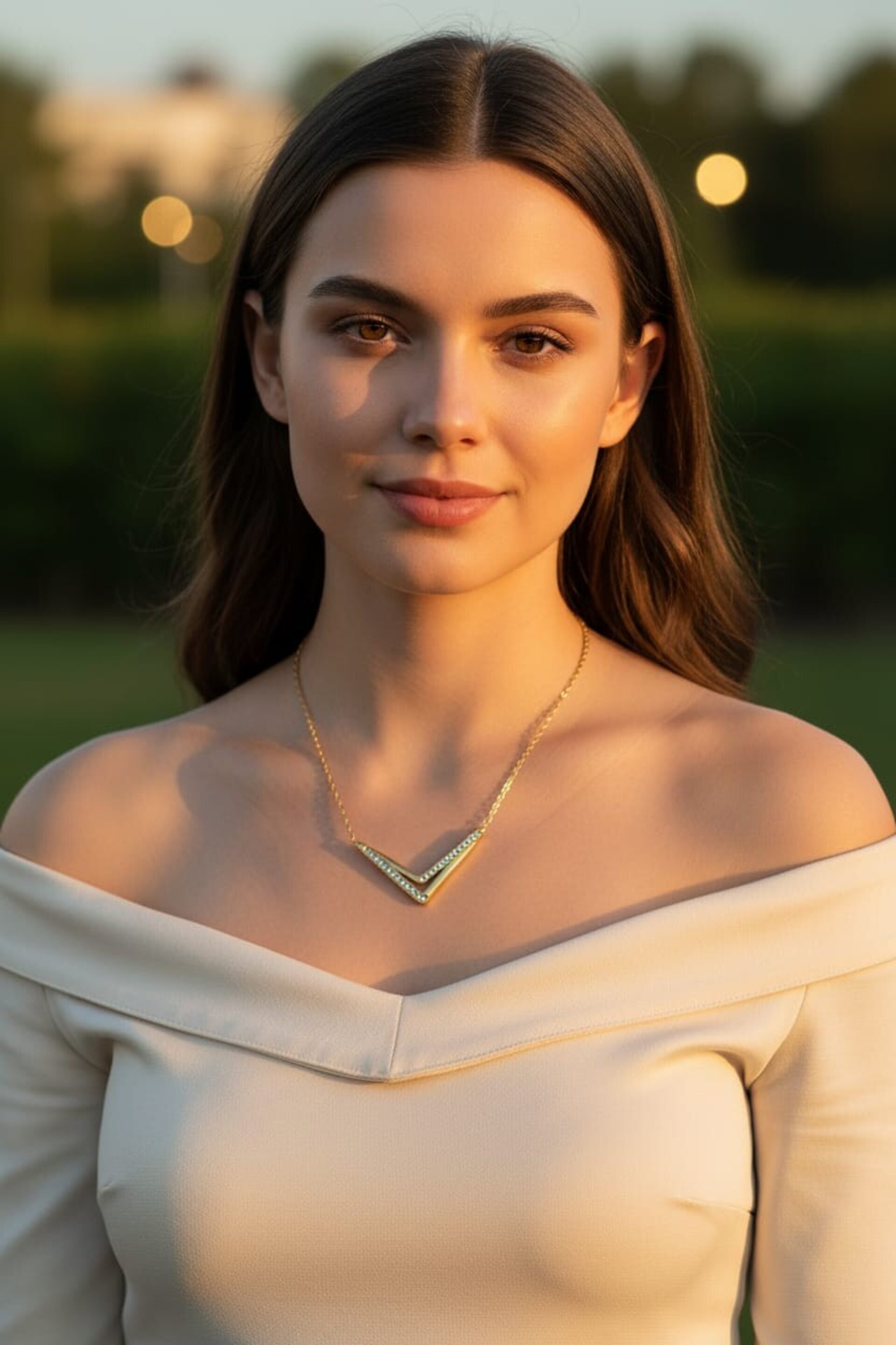 Collar V Brillante de Acero Dorado con Circonitas - 2