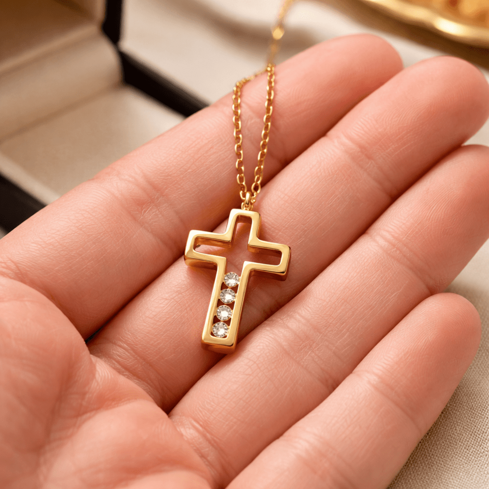 Colgante Cruz Abierta con Cristales Brillantes – Acero Quirúrgico Chapado en Oro - 3
