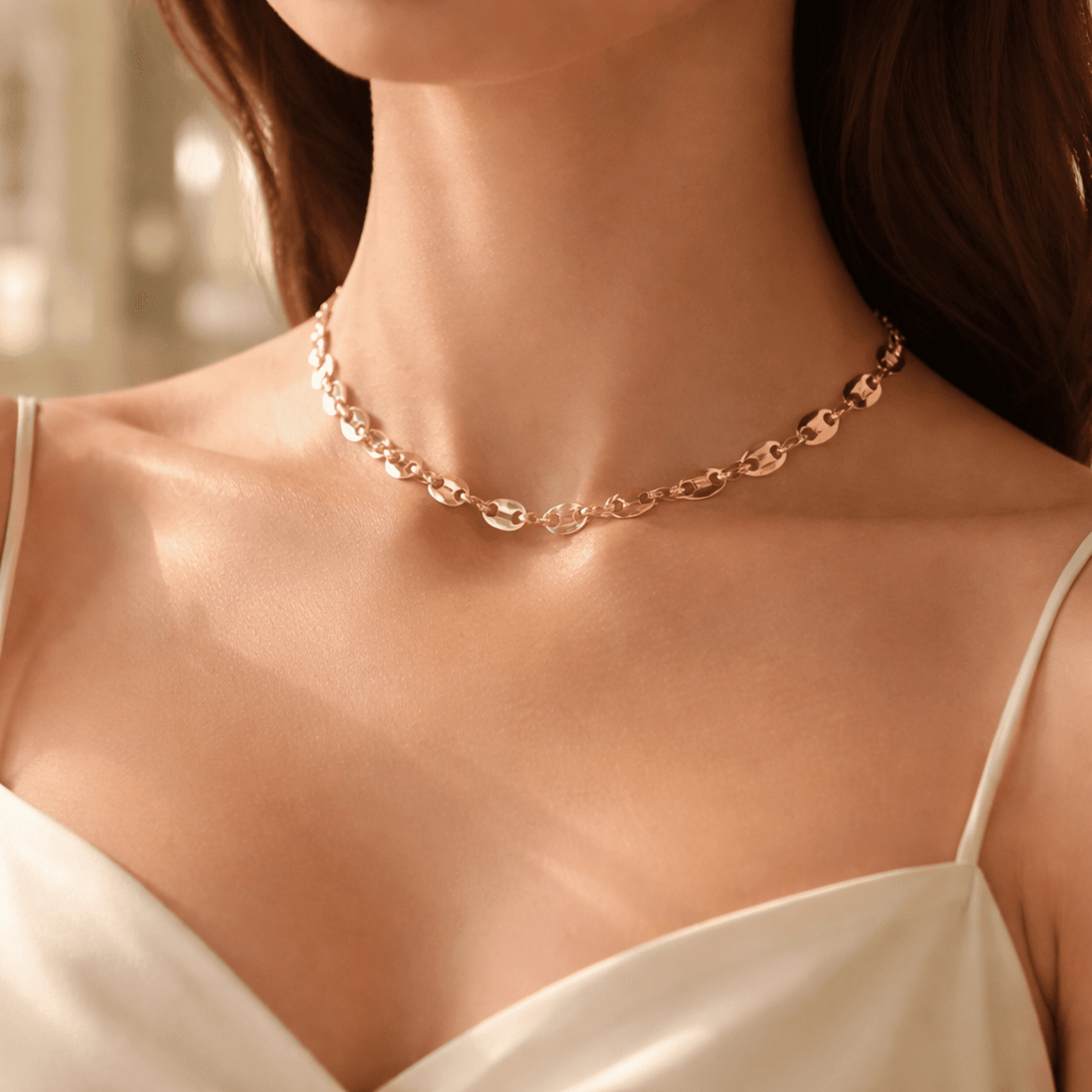 Cadena de Granos de Café de Acero Quirúrgico Chapada en Oro 18K - 3