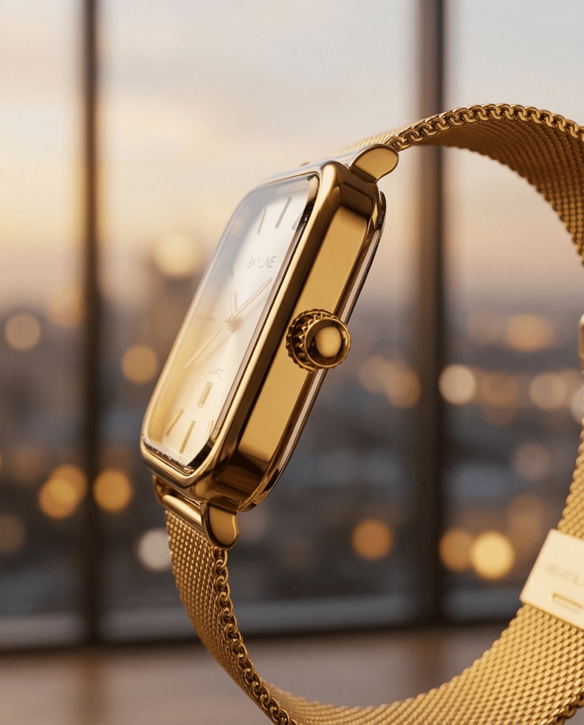 Reloj Skyline Cuadrado Oro con Malla Milanesa - Champang - 3