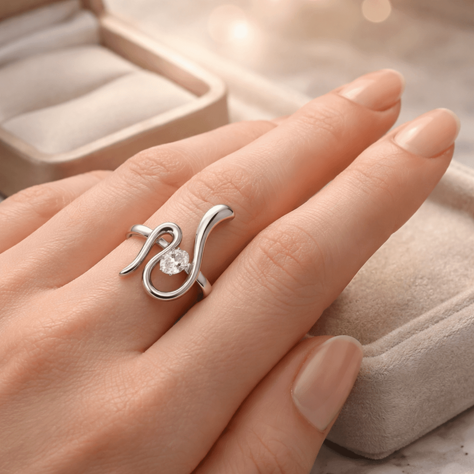 Anillo Wave Diamond – Elegancia moderna en líneas fluidas - 3