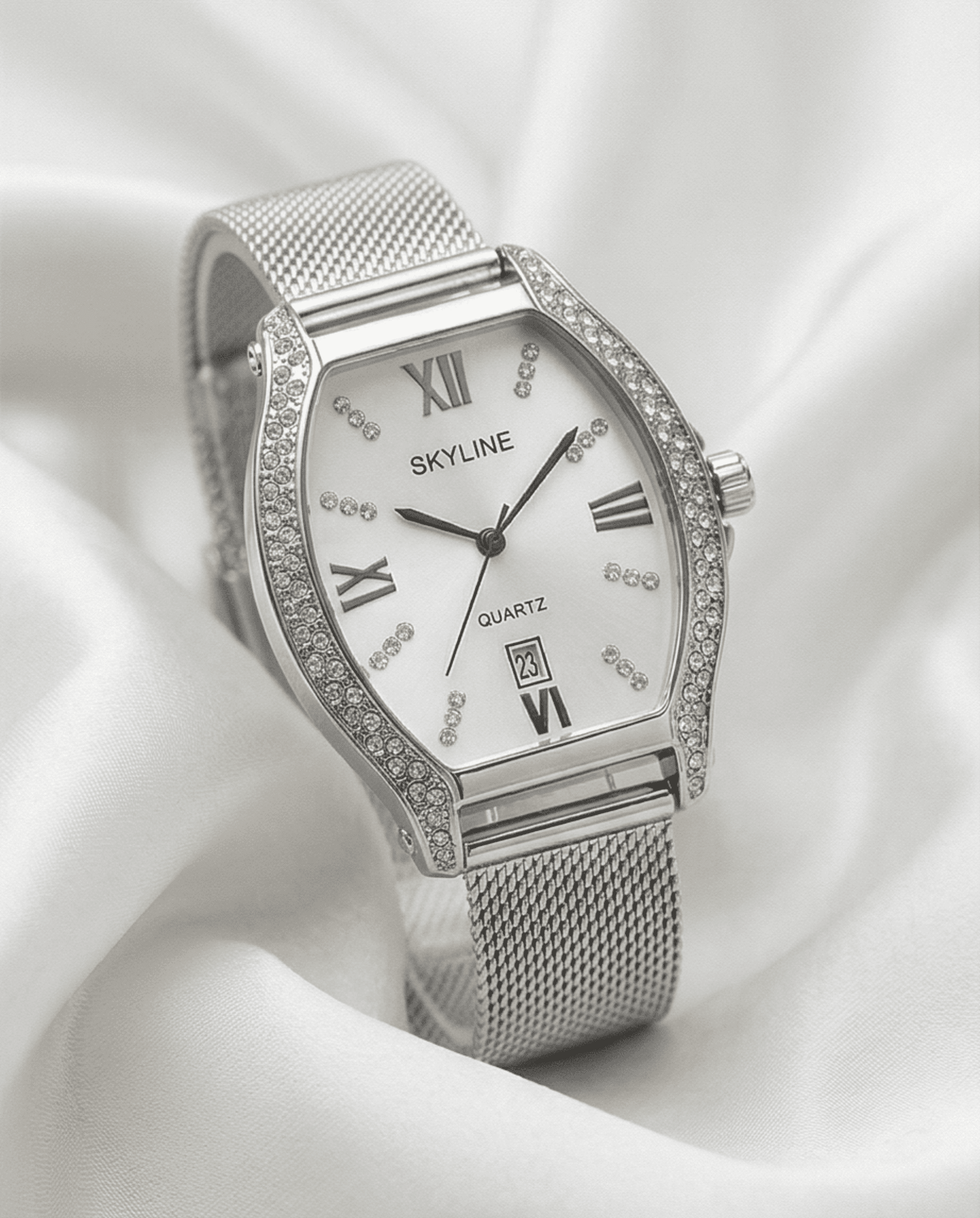 Reloj Elegante Mujer Plateado con Cristales – SKYLINE Tonneau - 4