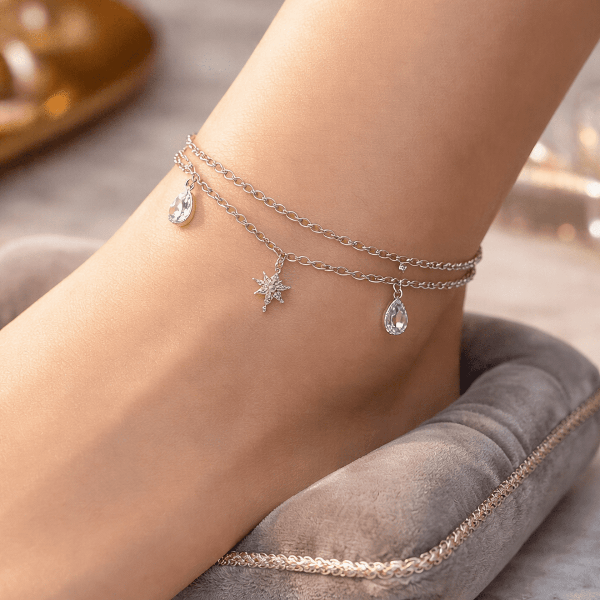 Pulsera - Tobillera de acero 316L con estrella y gotas de cristal - 3