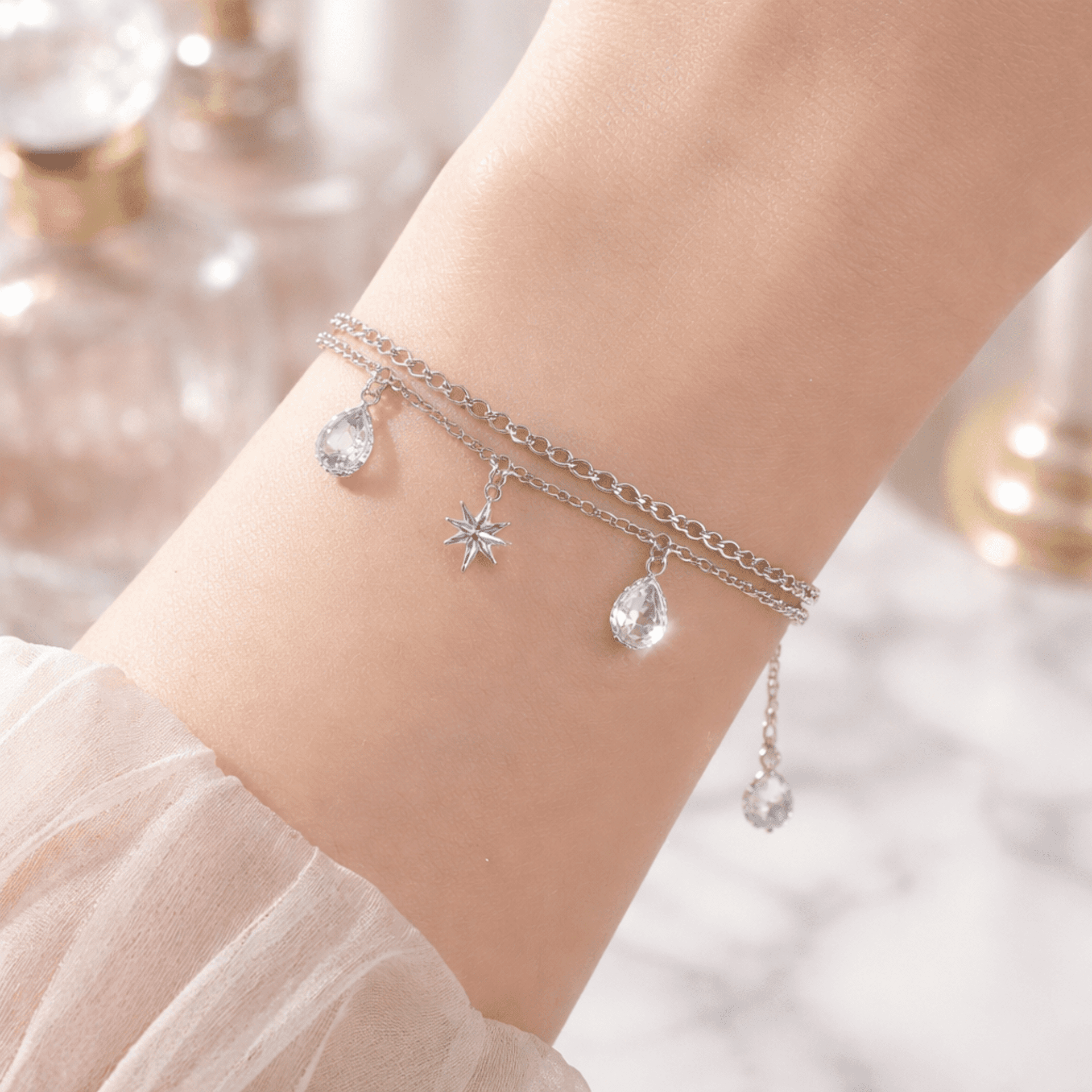 Pulsera - Tobillera de acero 316L con estrella y gotas de cristal - 5