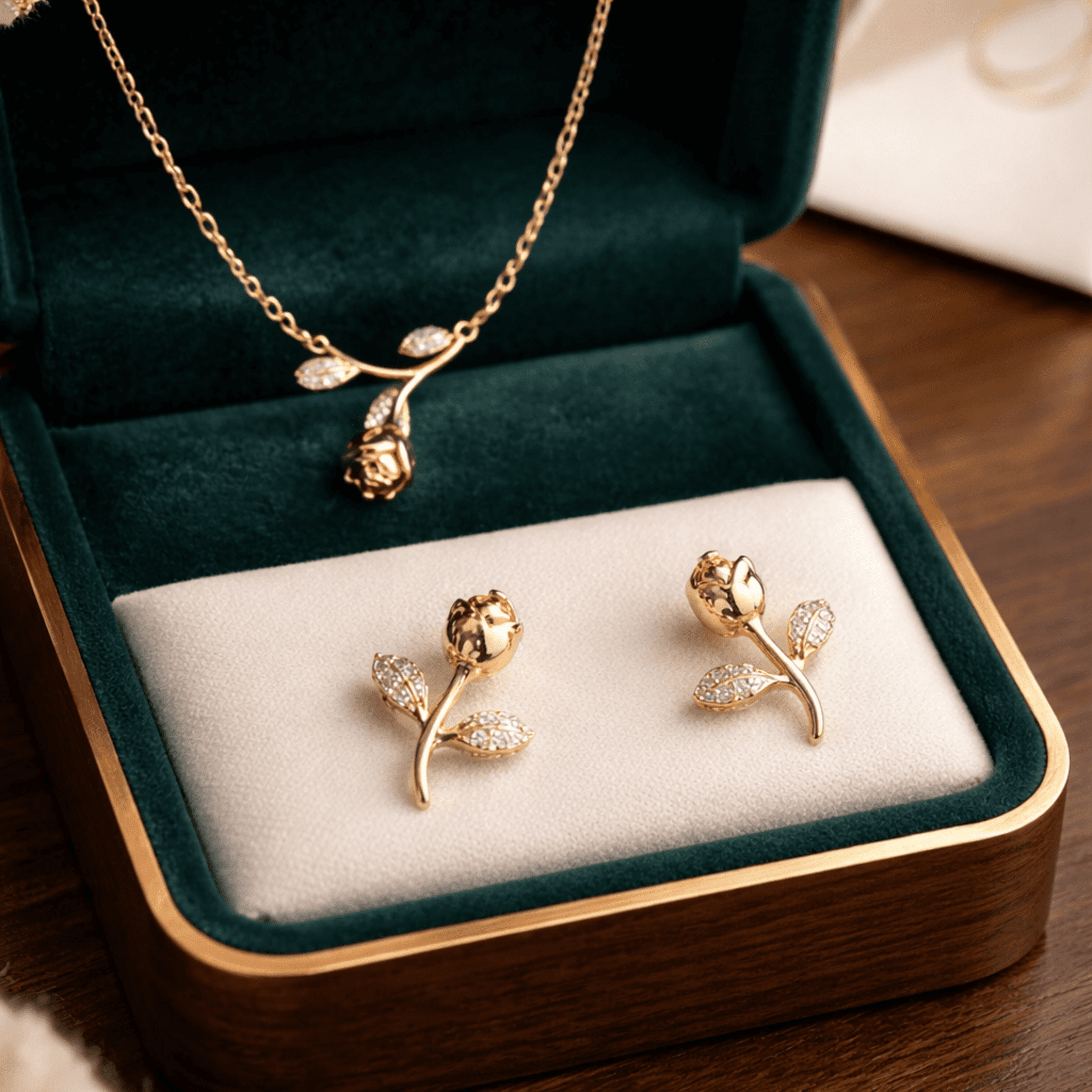 Conjunto Rosa Romántica: Collar + Pendientes en Oro 18K – Acero Quirúrgico con C - 2