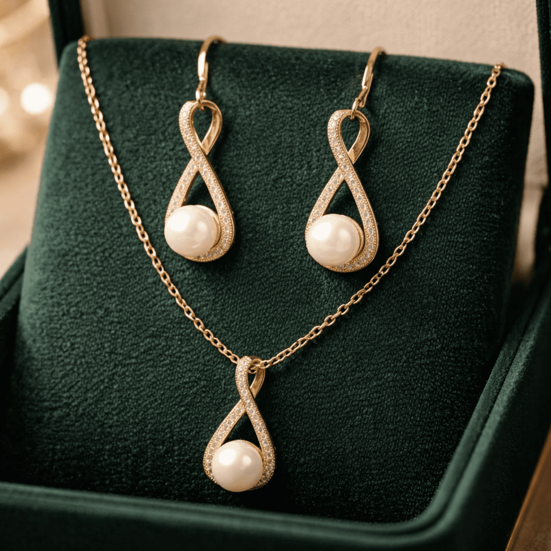 Conjunto Infinito con Perla y Cristales Brillantes – Collar + Pendientes en Oro - 4