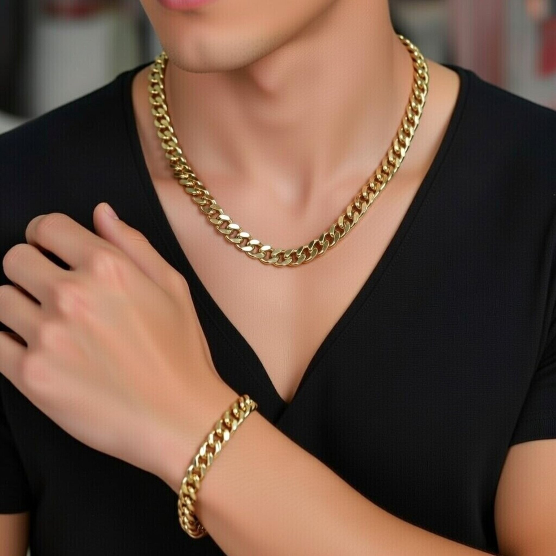 Conjunto Cadena Cubana Gruesa + Pulsera Acero Quirúrgico Chapado Oro 18K Unisex - 4