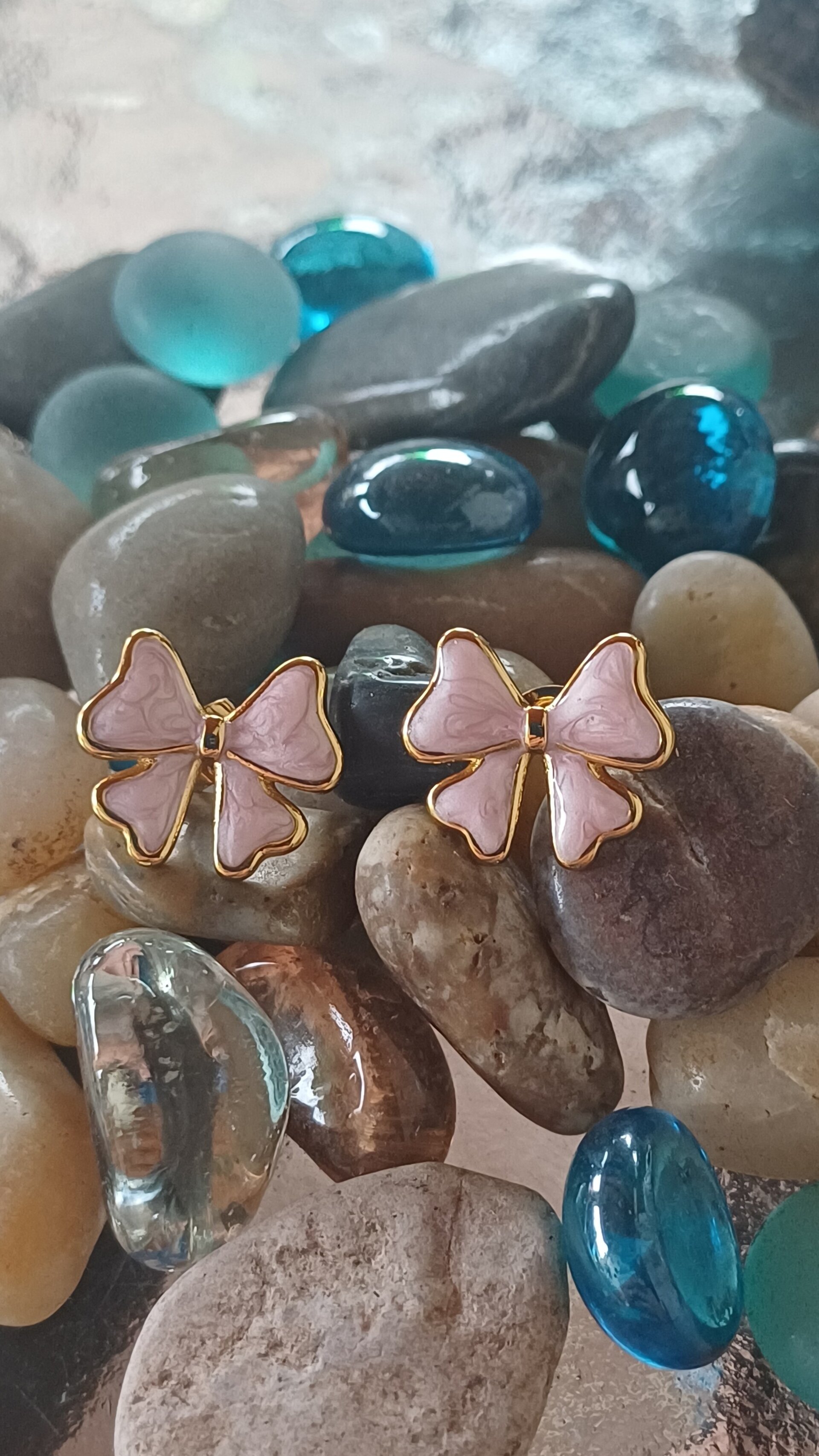 Pendientes lazo dorados rosa - 2