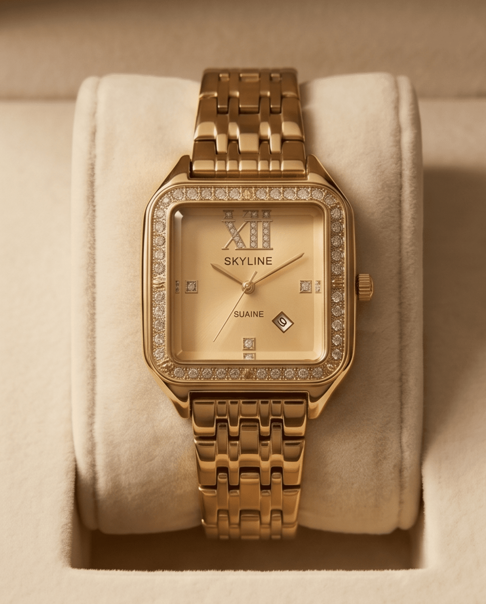 Reloj SKYLINE Dorado Cuadrado con Cristales – Elegancia que brilla - 1