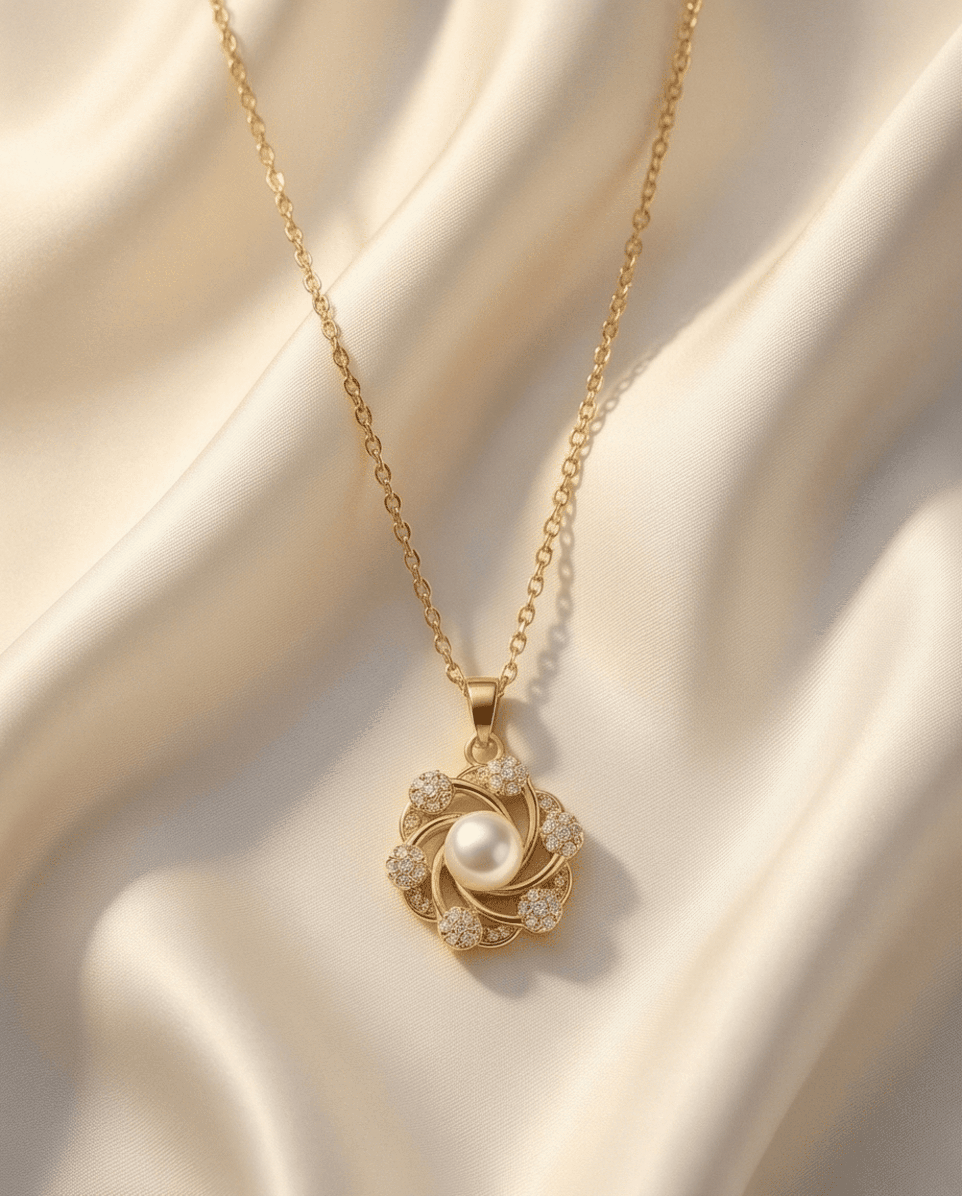 Collar de Perla y Circonitas en Acero Chapado en Oro 18K - Diseño Floral - 3