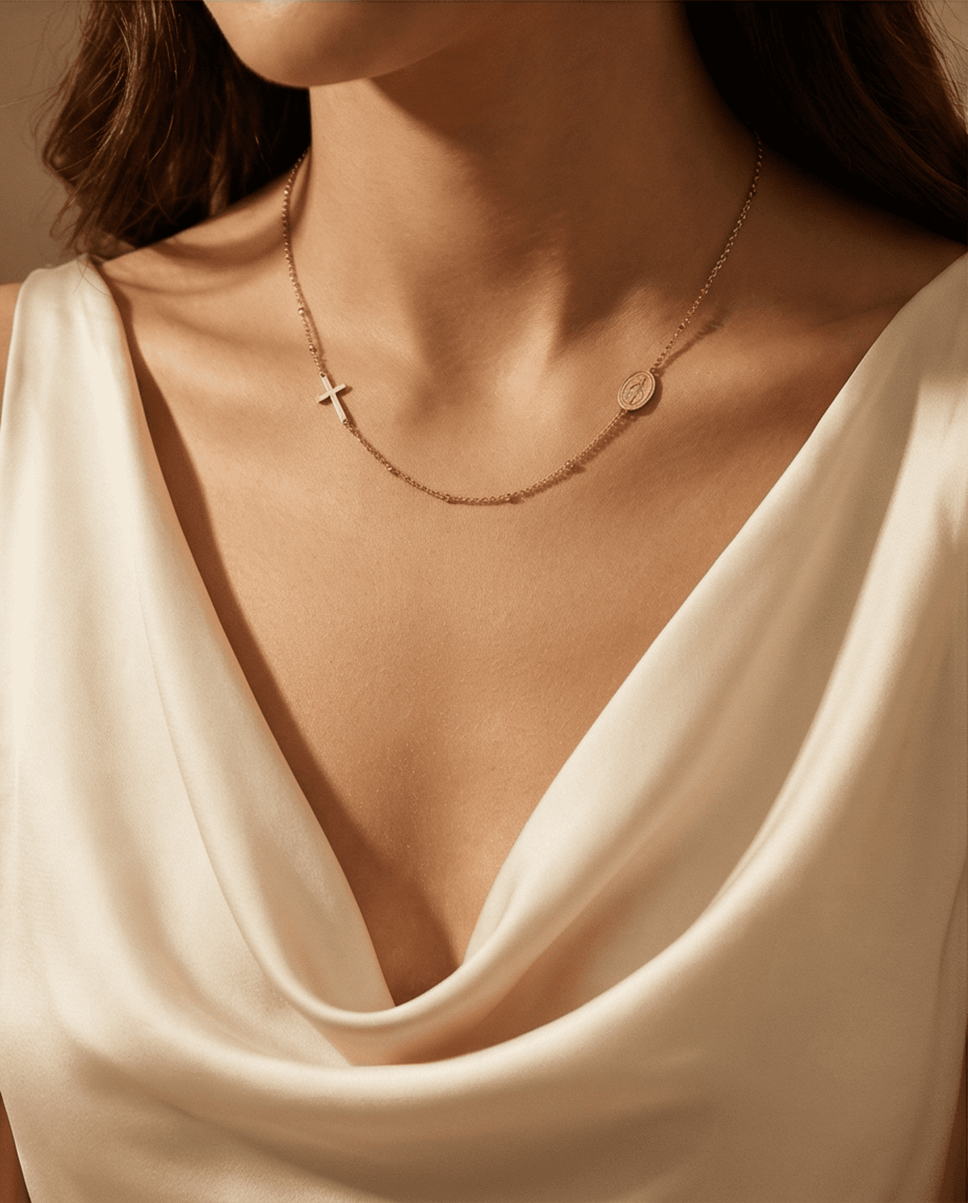 Collar Cruz y Medalla Milagrosa en Acero Quirúrgico Chapado en Oro 18K - Diseño - 6