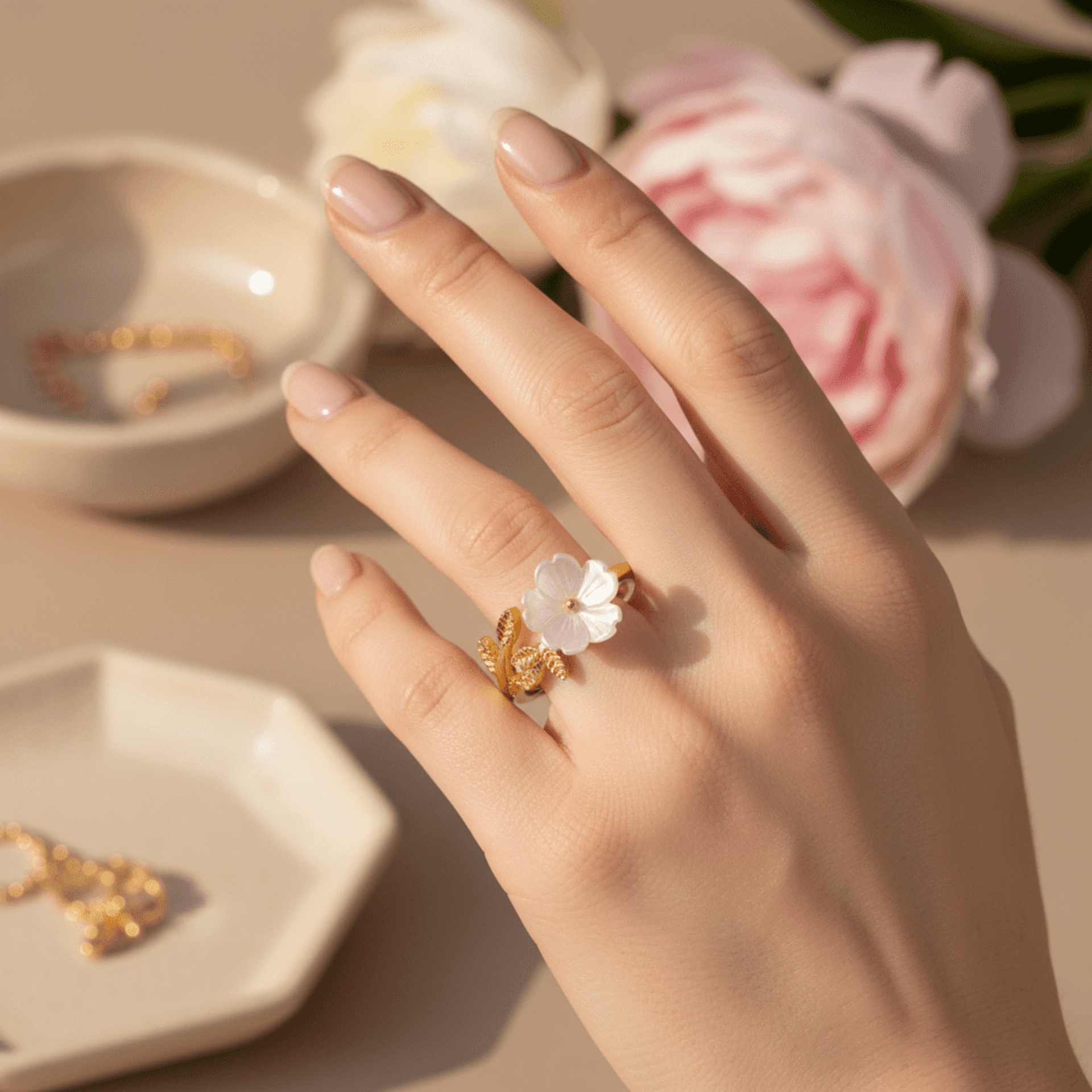 Anillo Flor de Nácar Selene – Acero Quirúrgico Chapado en oro 18klt - 6