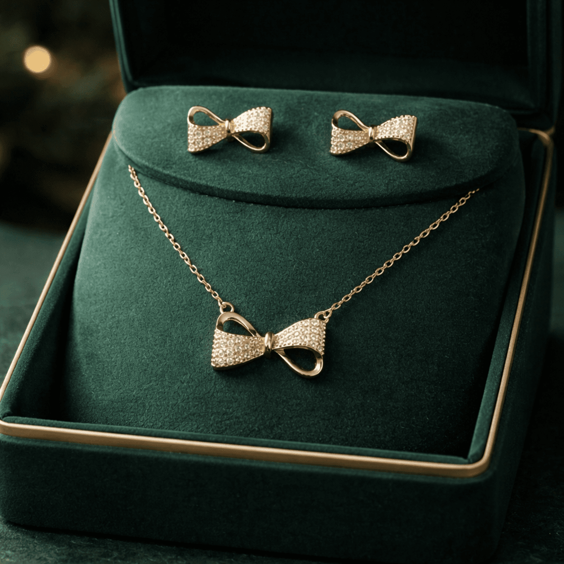 Conjunto Lazo Brillante Pavé: Collar + Pendientes en Oro 18K 🎀✨ - 2