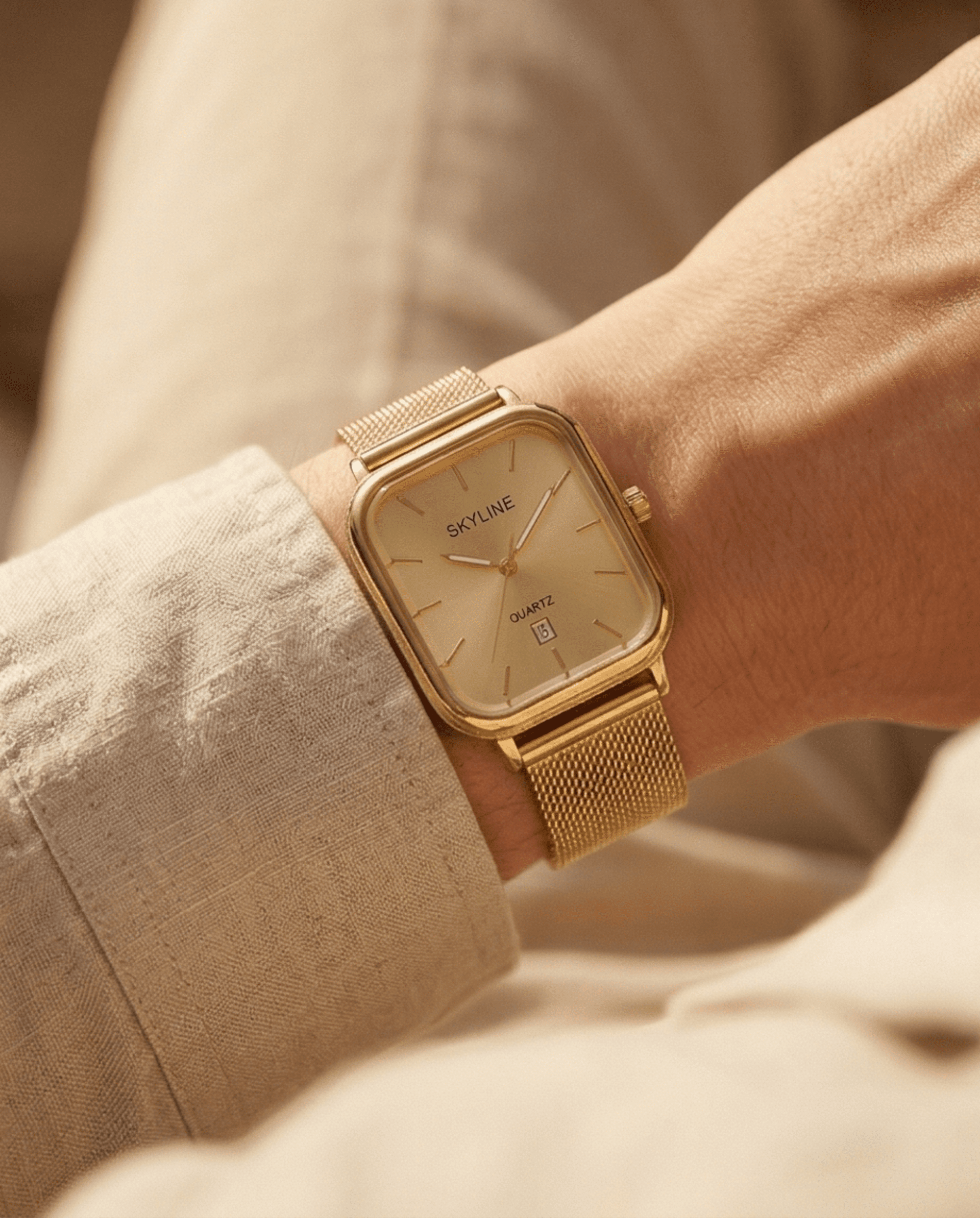 Reloj Skyline Cuadrado Oro con Malla Milanesa - 3