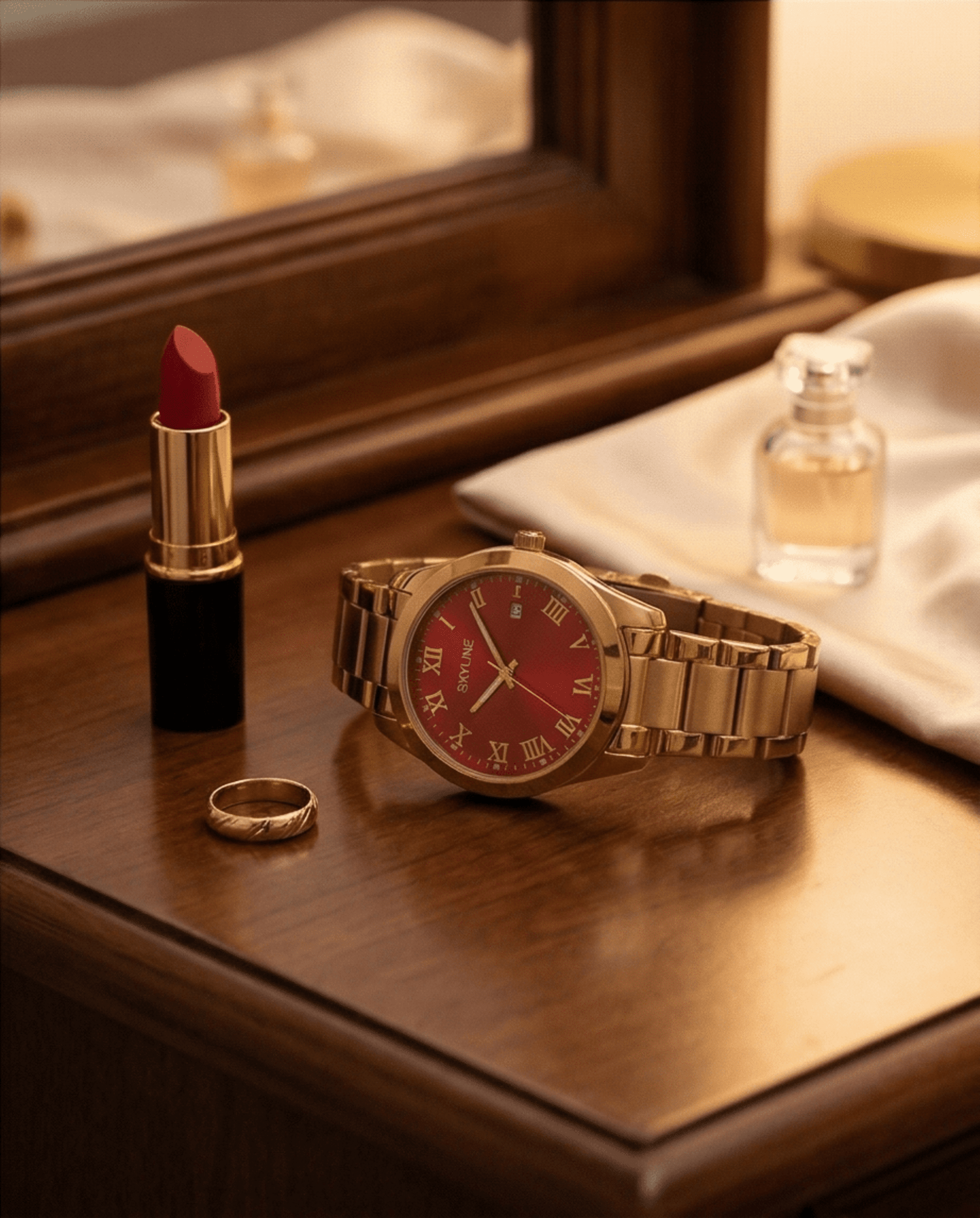 Reloj Analógico Mujer Dorado con Esfera Roja – Diseño Clásico Elegante - 6