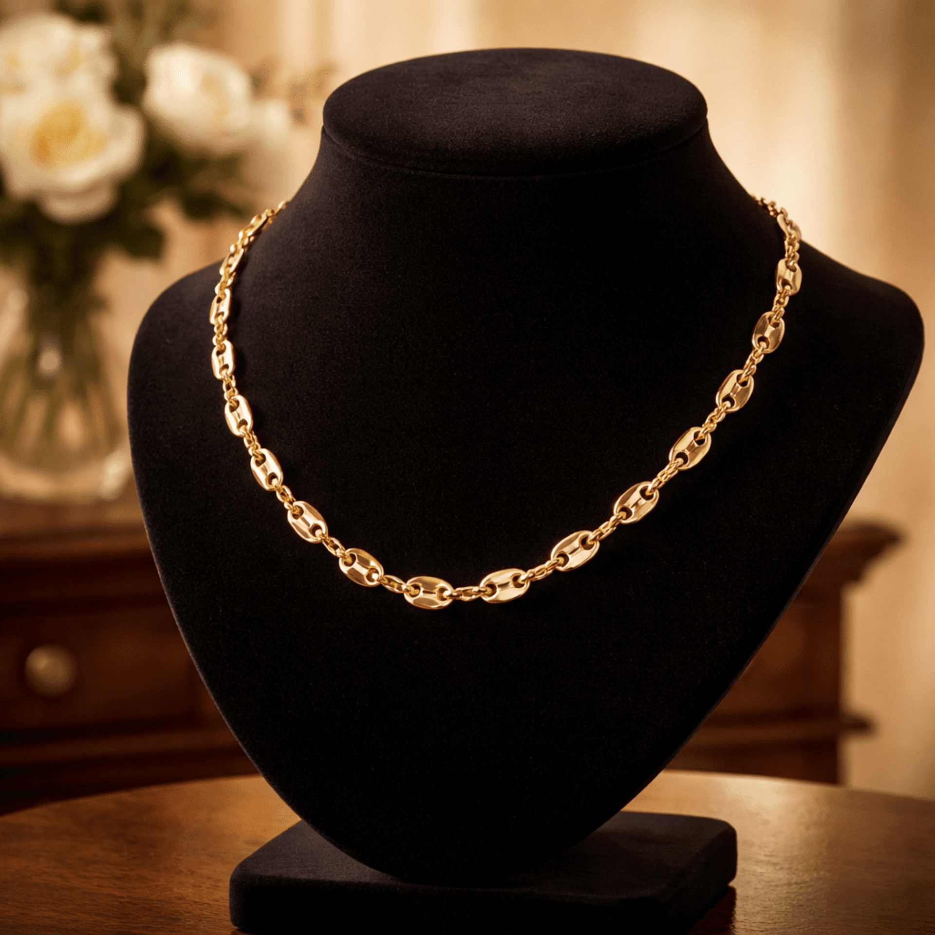 Cadena de Granos de Café de Acero Quirúrgico Chapada en Oro 18K - 4