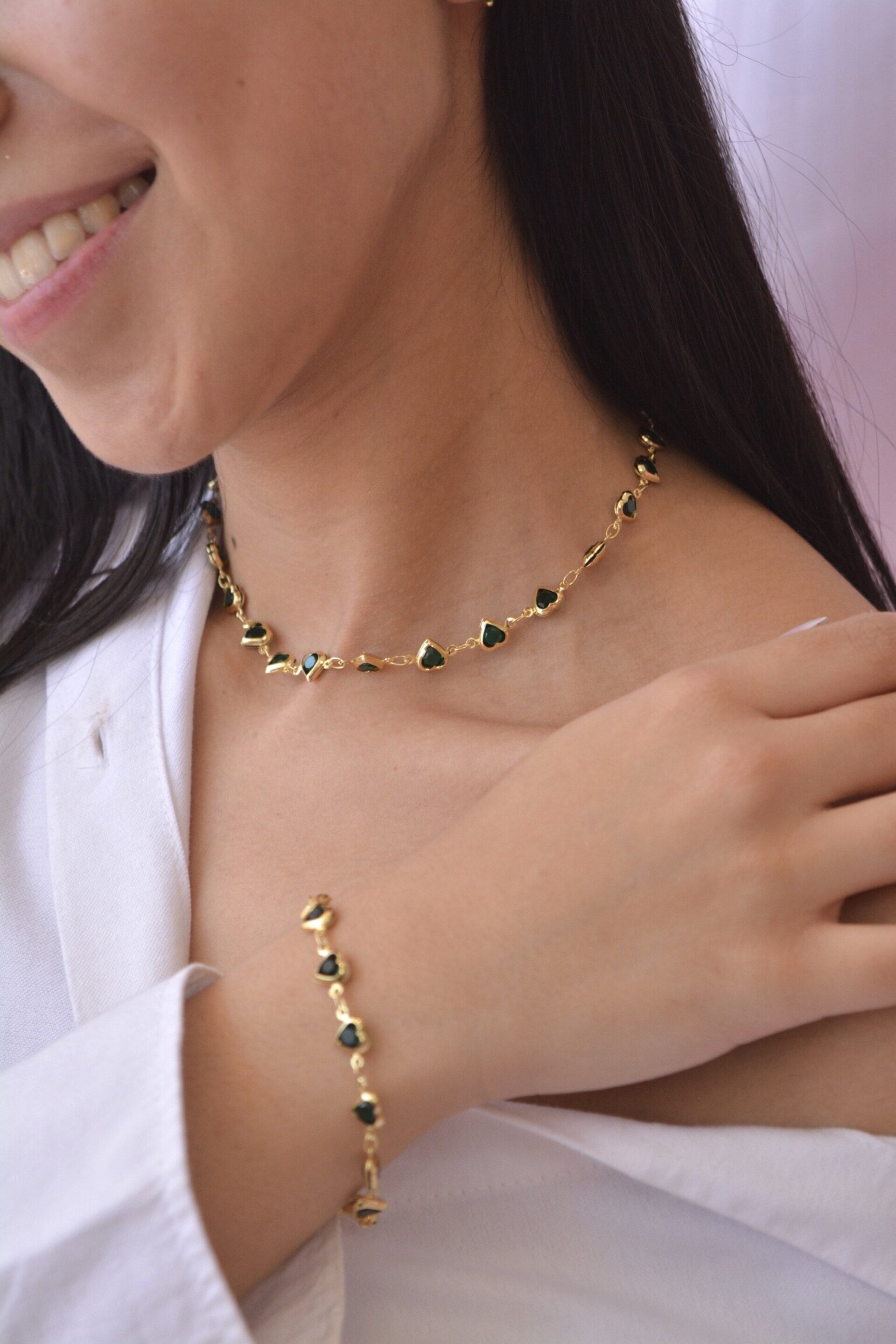 Collar Corazones Dorado Verde – Colección Amor Eterno (con pulsera a juego) - 2