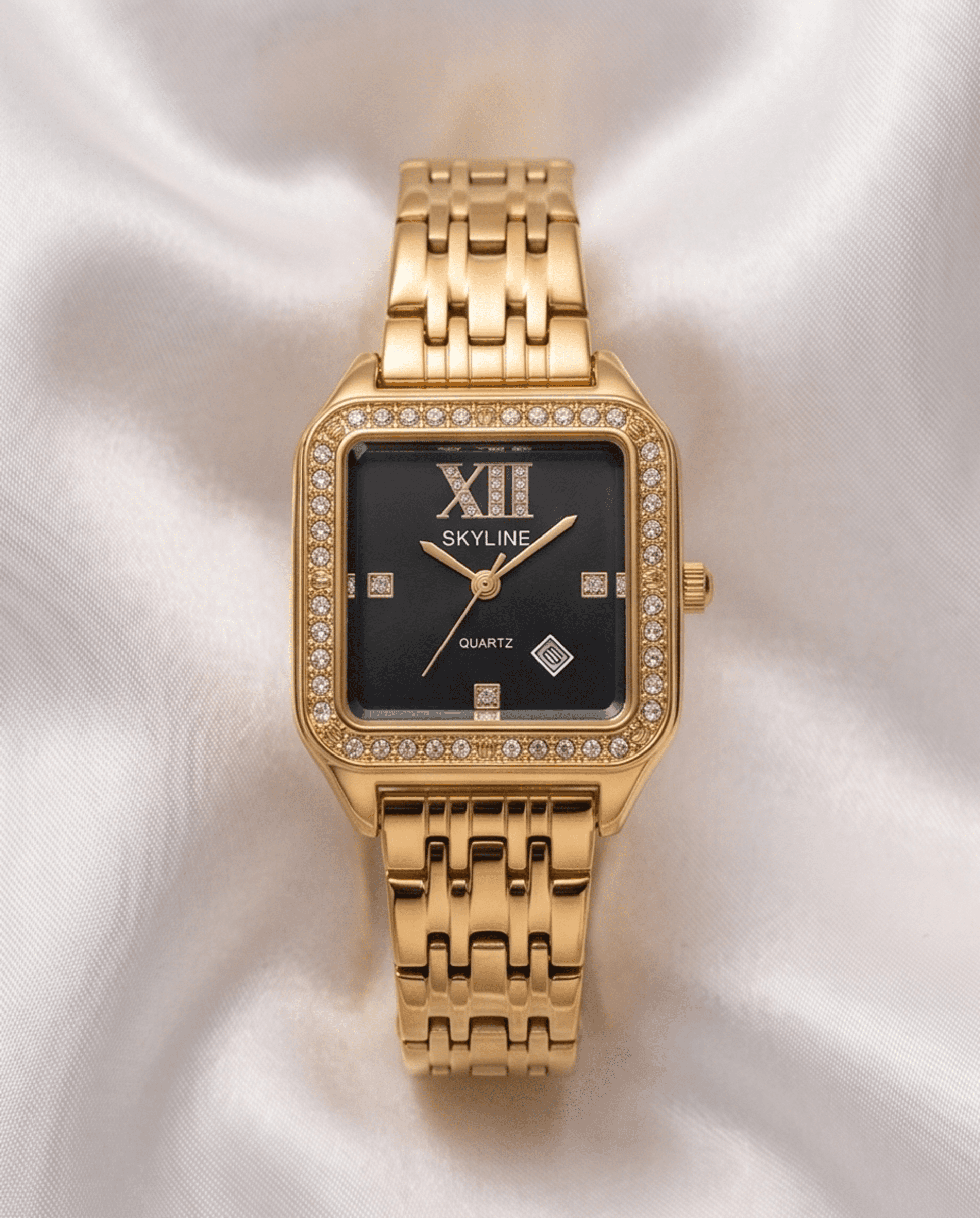 Reloj SKYLINE Negro Cuadrado con Cristales – Elegancia que brilla - 1
