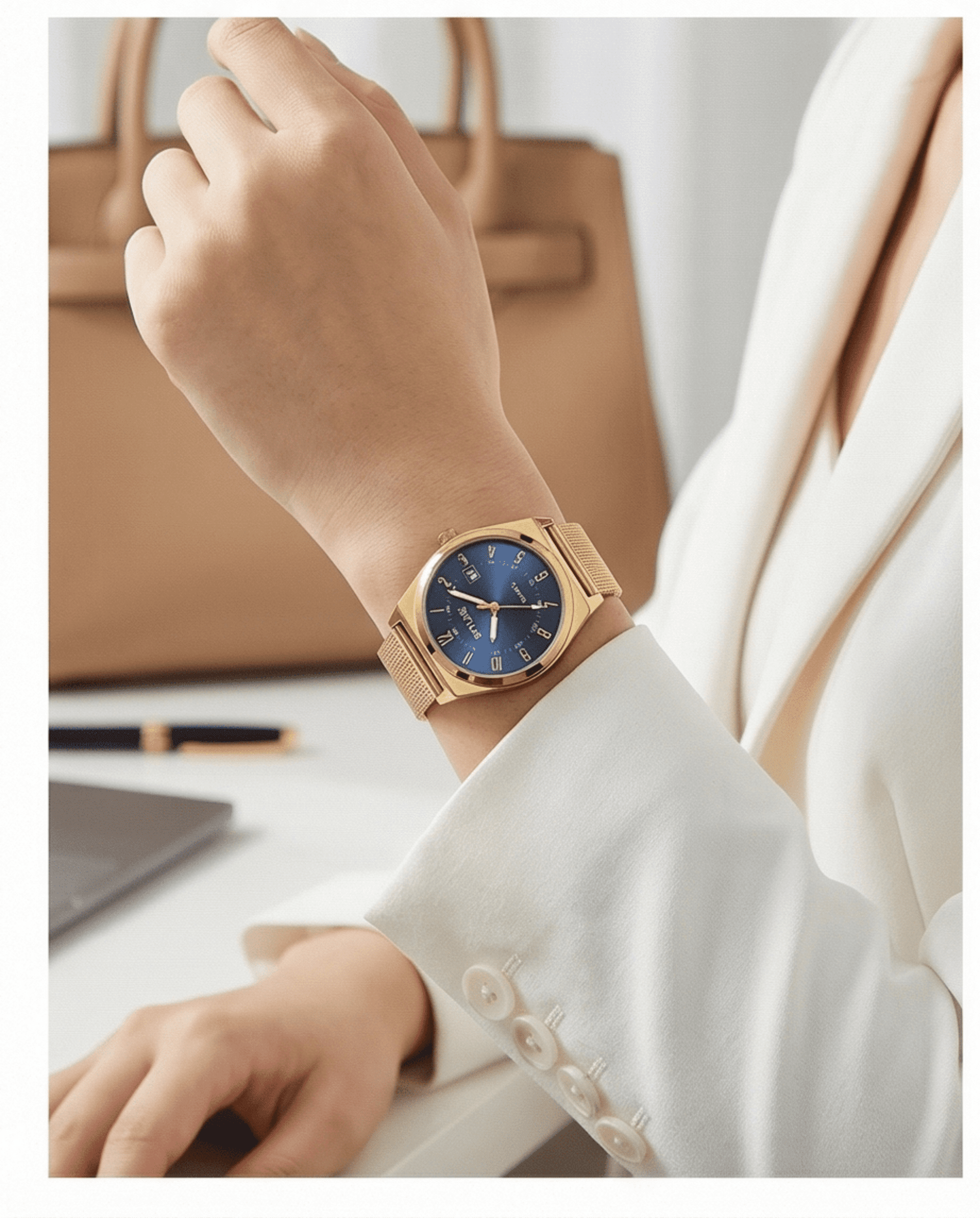 Reloj Elegante Mujer Dorado con Esfera Azul – SKYLINE Malla Milanesa - 3