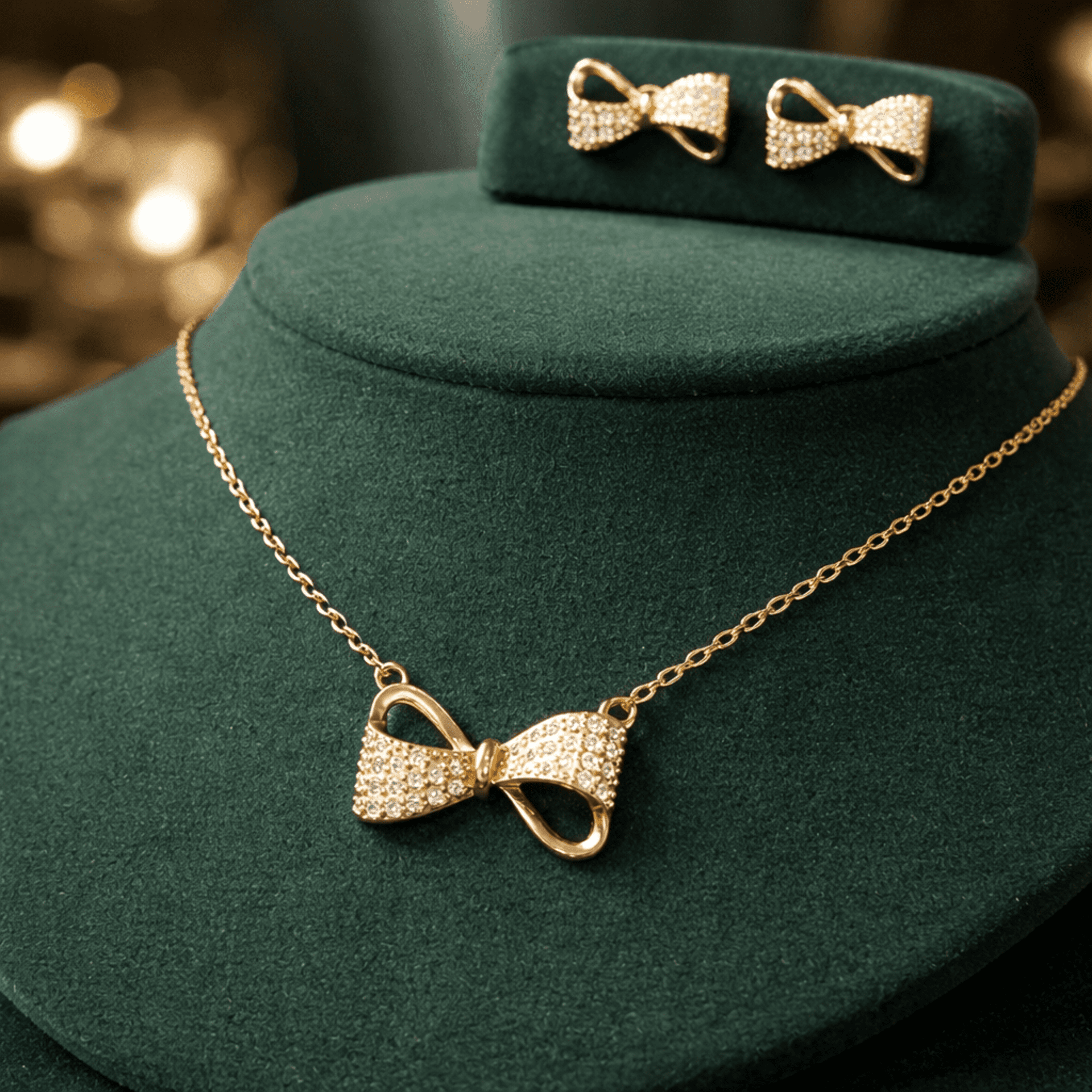 Conjunto Lazo Brillante Pavé: Collar + Pendientes en Oro 18K 🎀✨ - 3