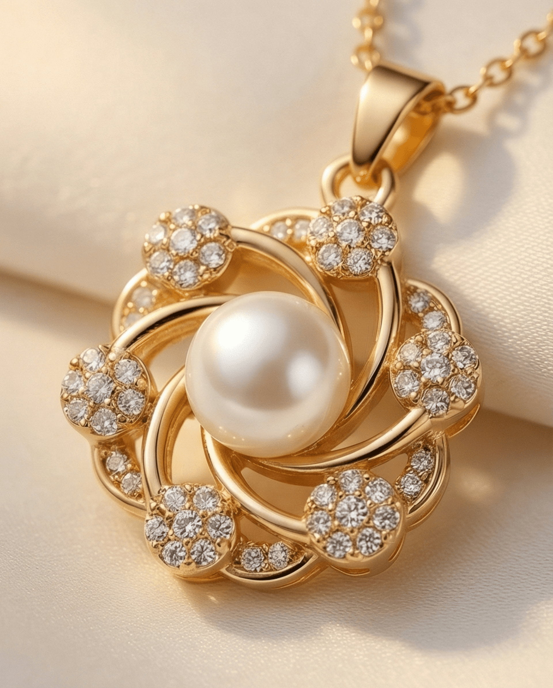 Collar de Perla y Circonitas en Acero Chapado en Oro 18K - Diseño Floral - 4