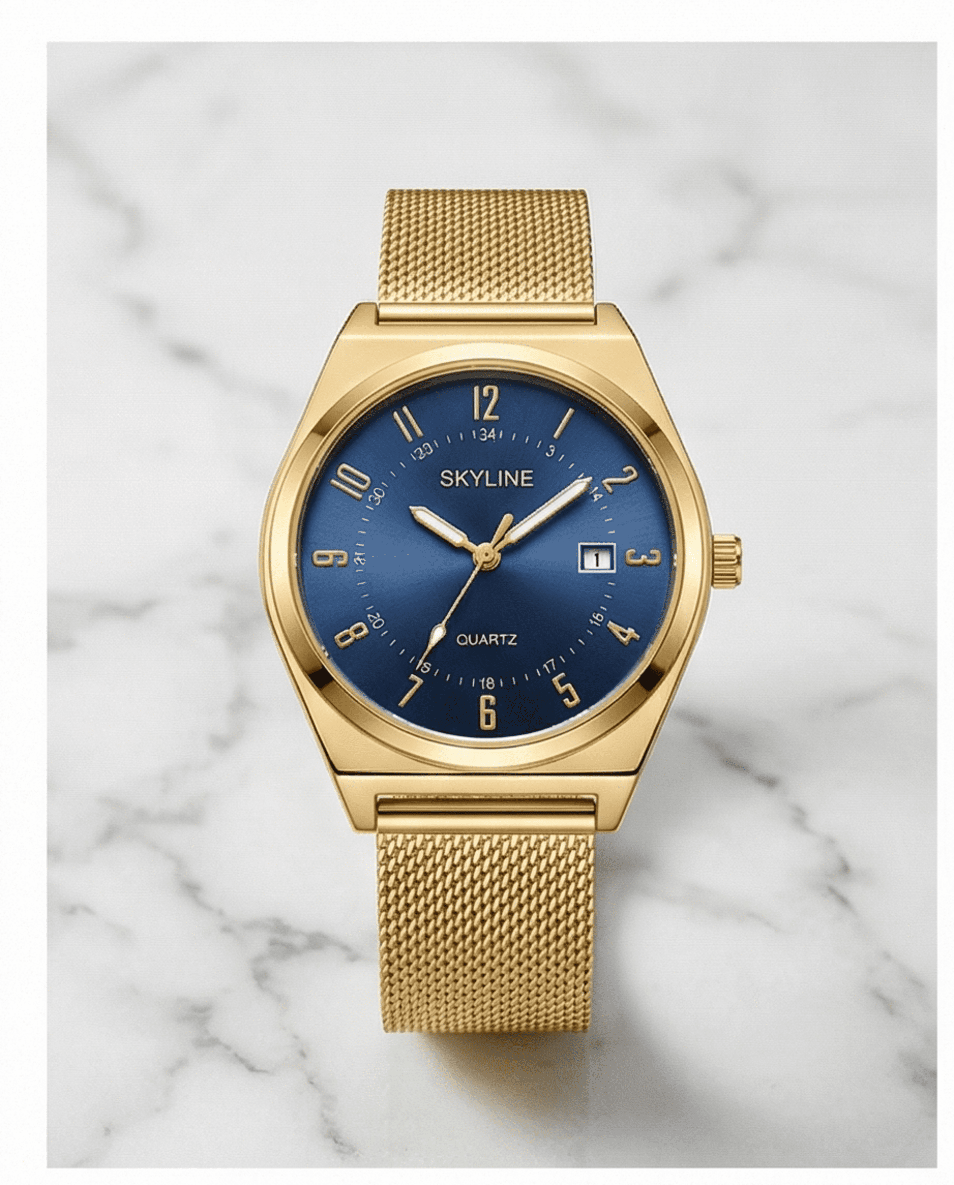 Reloj Elegante Mujer Dorado con Esfera Azul – SKYLINE Malla Milanesa - 4