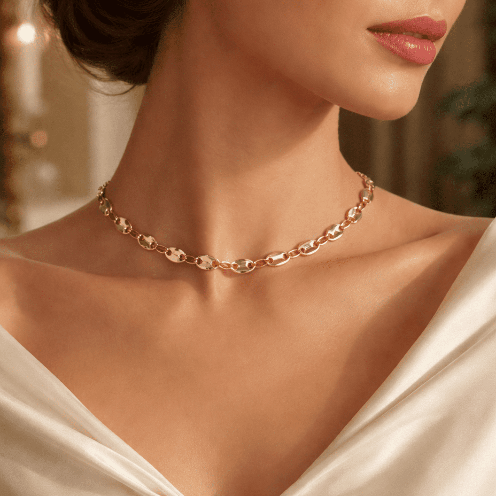 Cadena de Granos de Café de Acero Quirúrgico Chapada en Oro 18K - 2