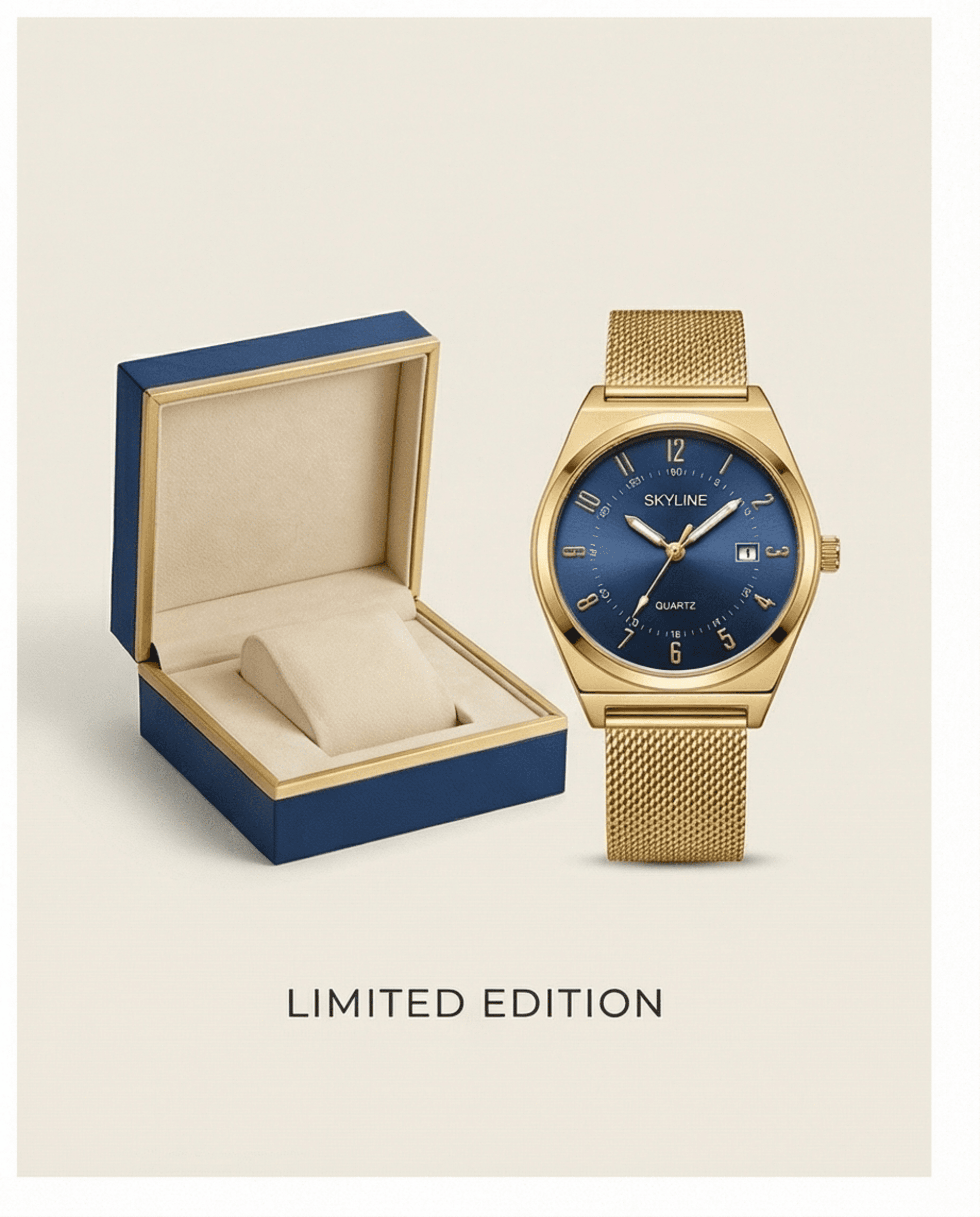 Reloj Elegante Mujer Dorado con Esfera Azul – SKYLINE Malla Milanesa - 2