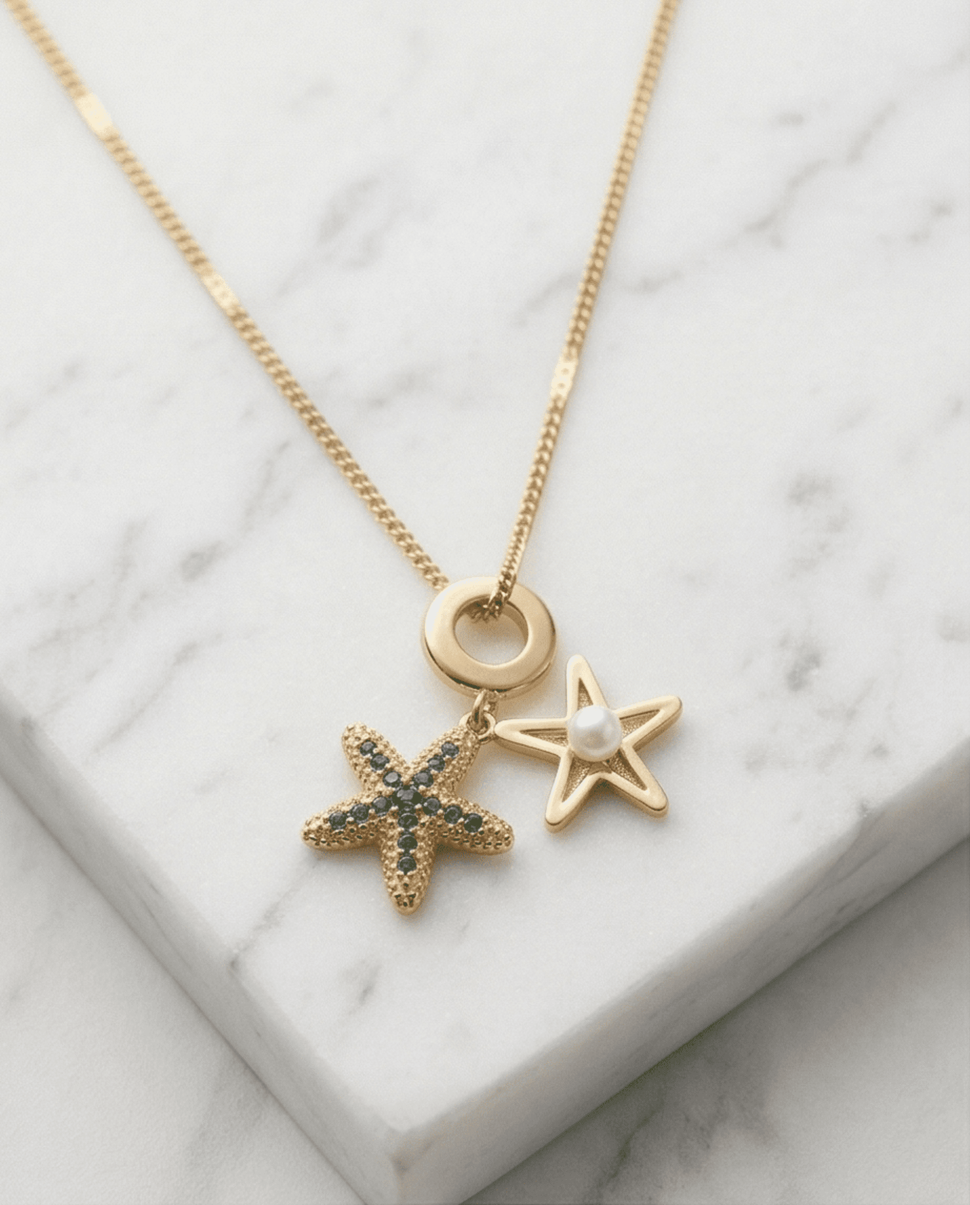 Gargantilla Estrellas del Mar - Acero Dorado con Circonitas y Perla - 4