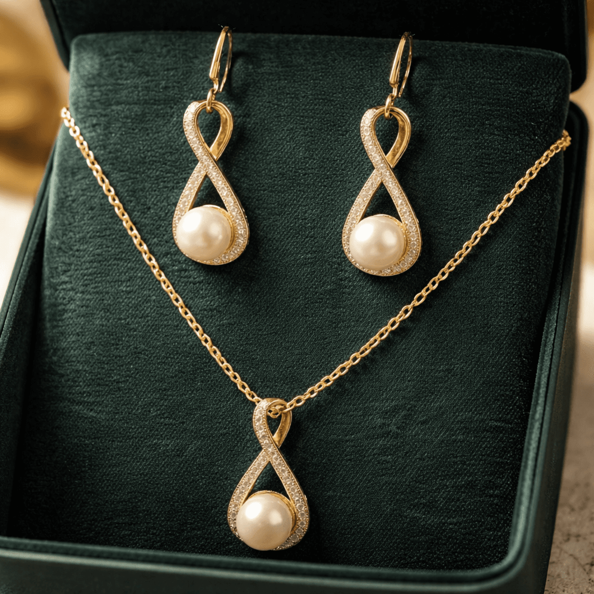 Conjunto Infinito con Perla y Cristales Brillantes – Collar + Pendientes en Oro - 3