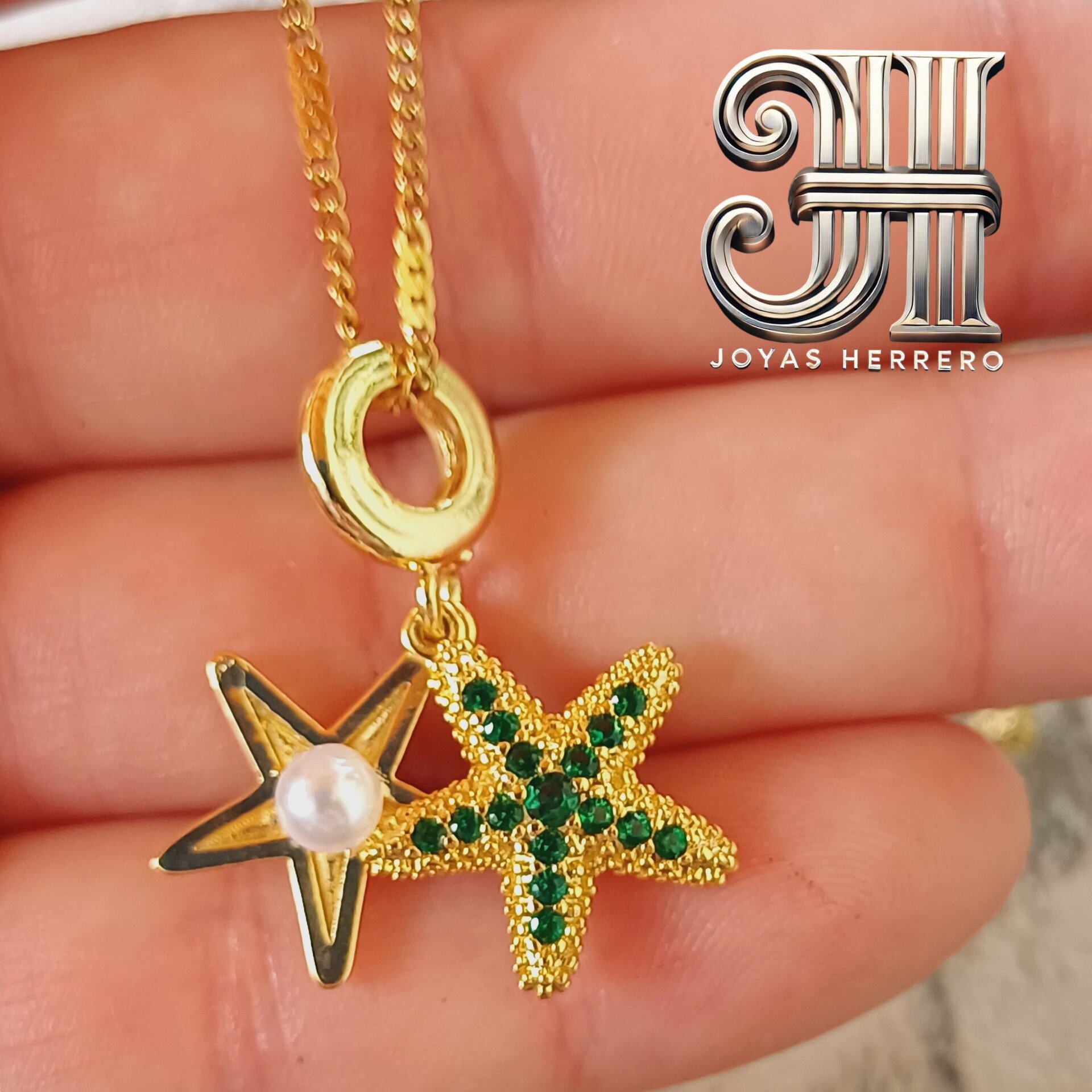 Gargantilla Estrellas del Mar - Acero Dorado con Circonitas y Perla - 3