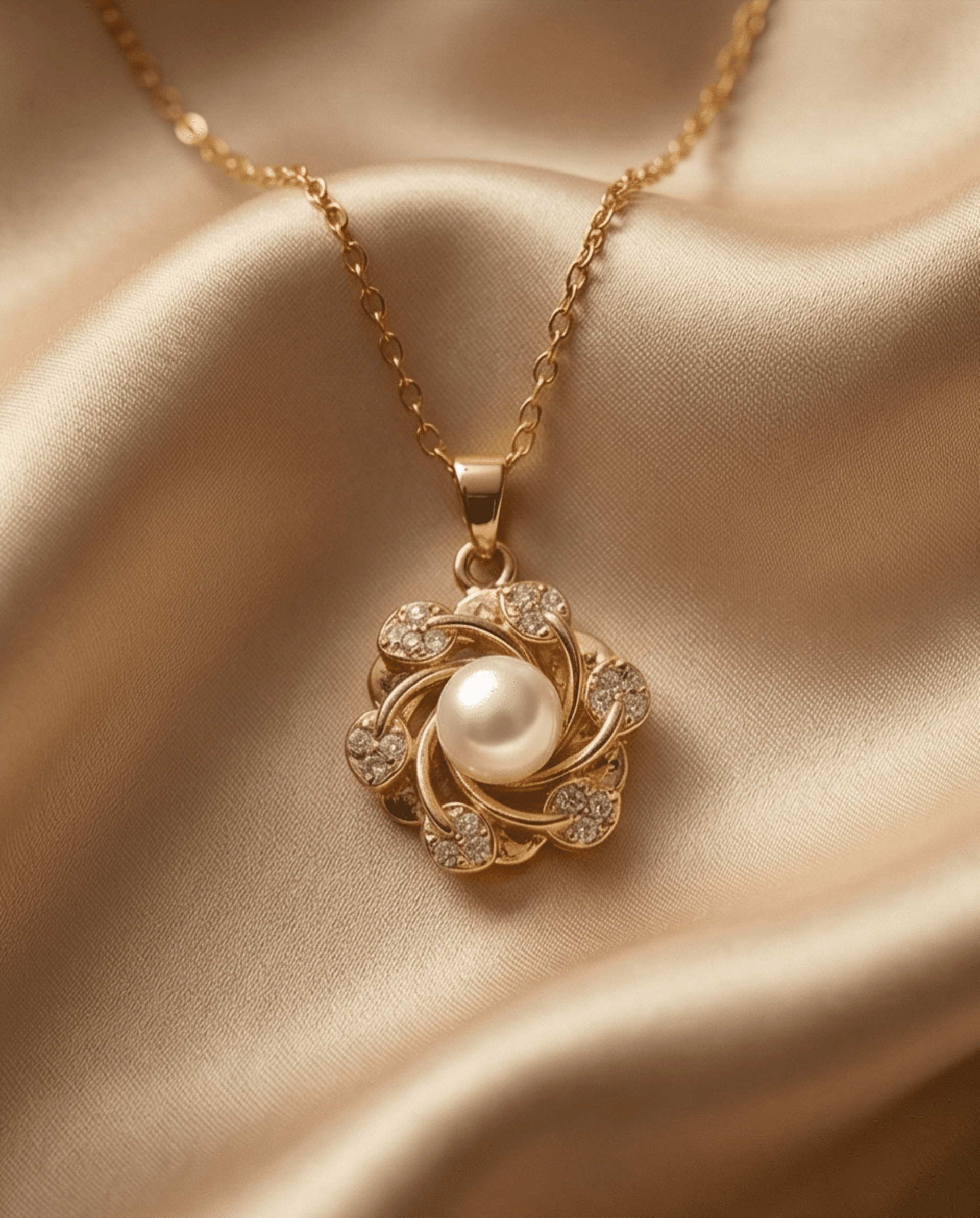 Collar de Perla y Circonitas en Acero Chapado en Oro 18K - Diseño Floral - 1