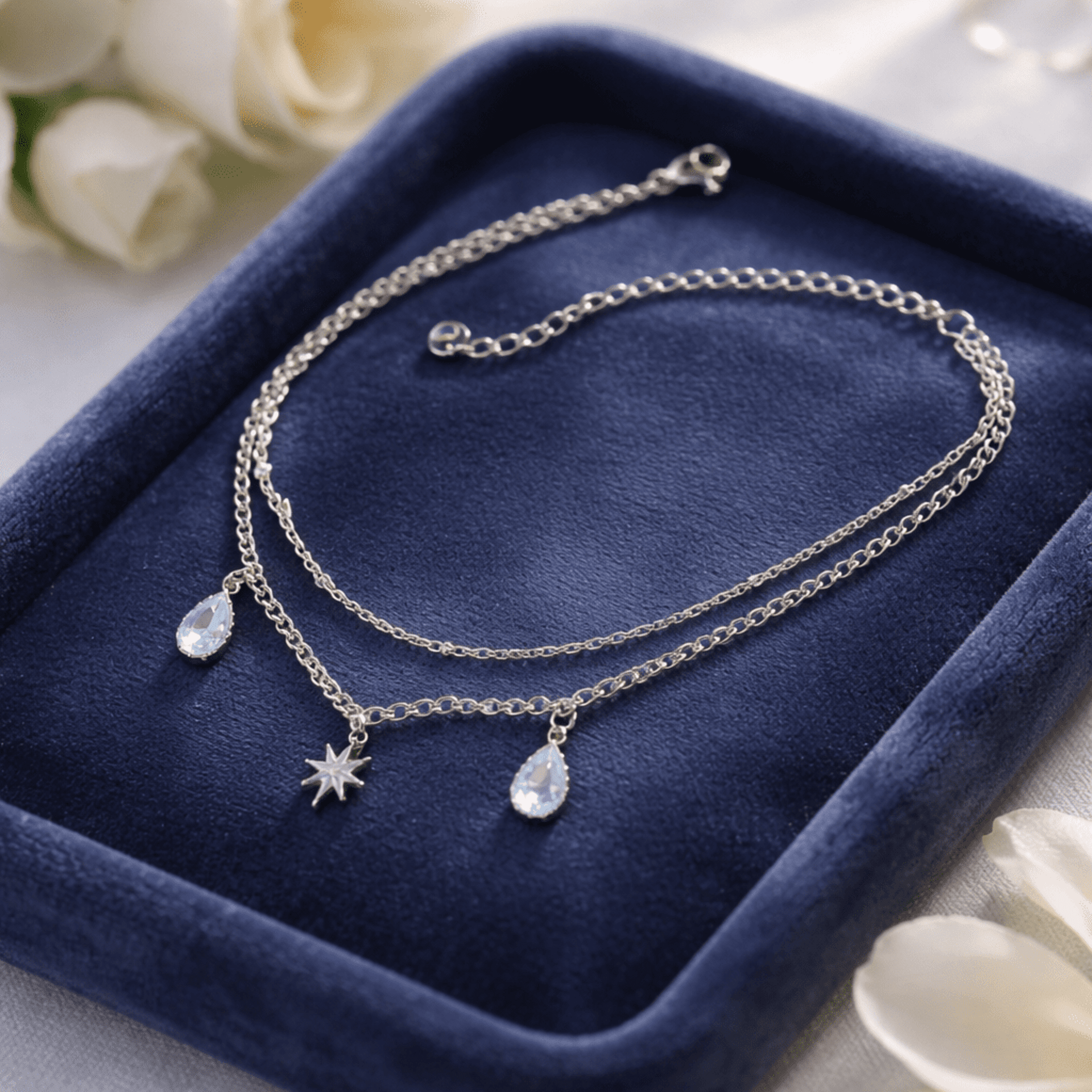 Pulsera - Tobillera de acero 316L con estrella y gotas de cristal - 4