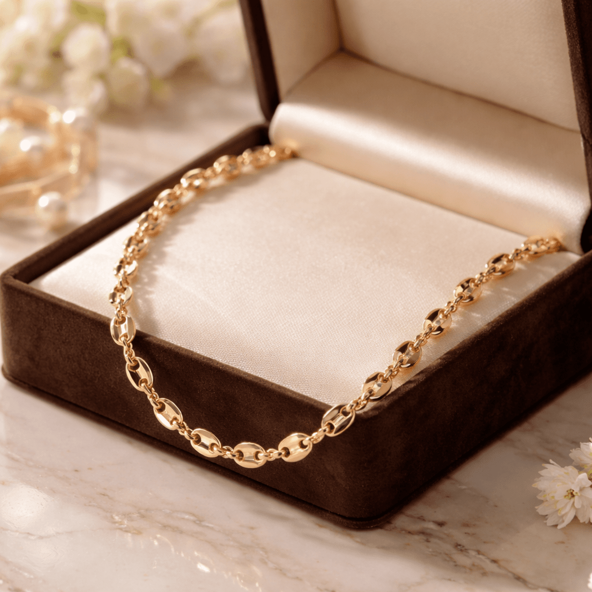 Cadena de Granos de Café de Acero Quirúrgico Chapada en Oro 18K - 6