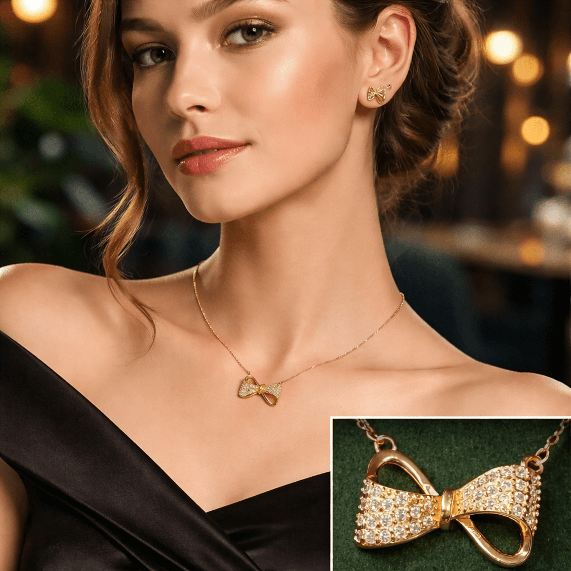 Conjunto Lazo Brillante Pavé: Collar + Pendientes en Oro 18K 🎀✨ - 4