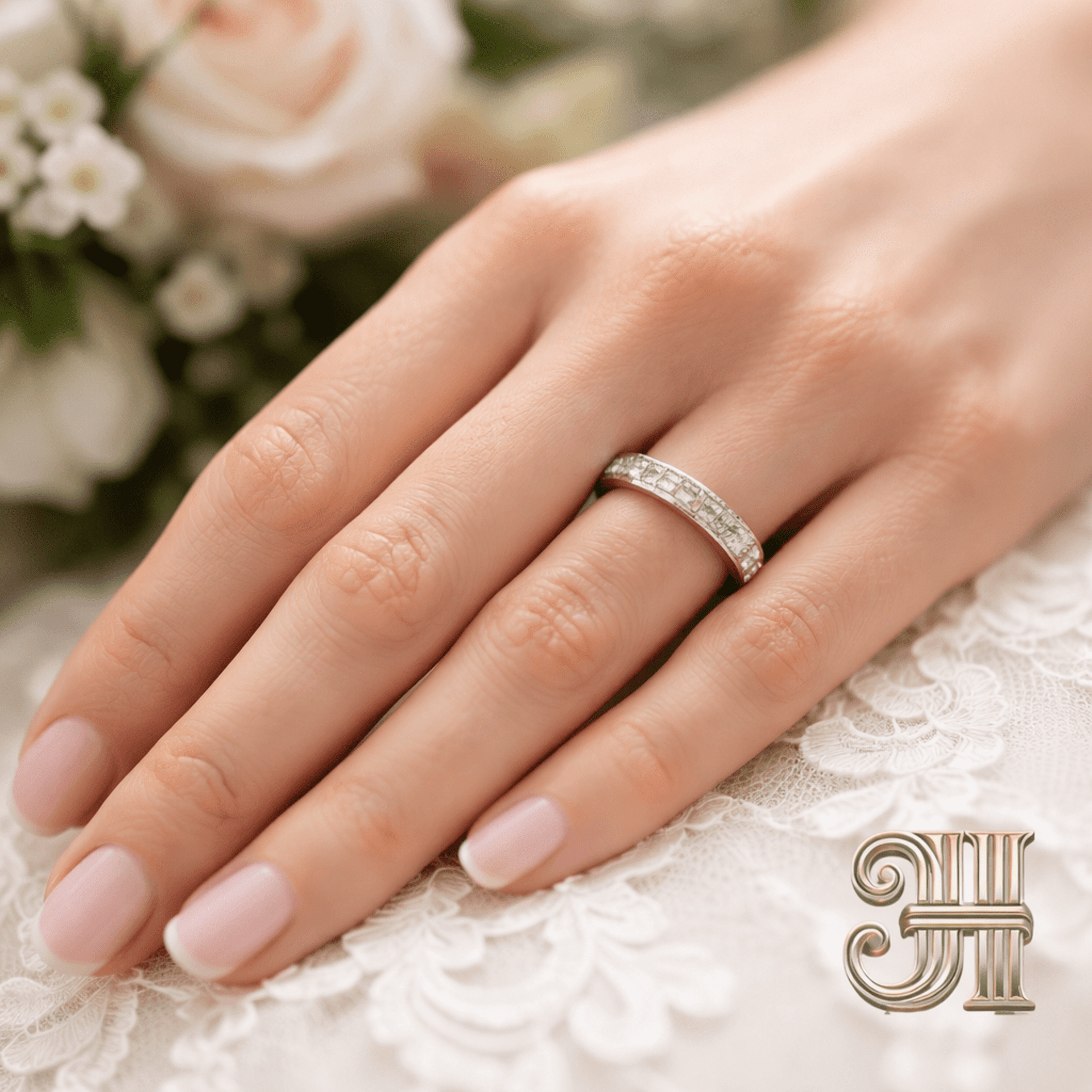 Alianza Eternidad con Cristales Baguette en Acero Quirúrgico Chapado en Oro Blan - 3